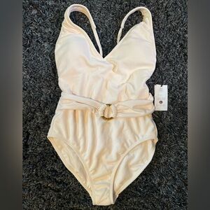 Shade & Shore Cream One Piece Swimsuit with Plunging V-Neckline